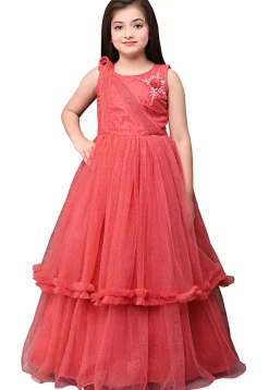 Embroidered Net Layered Gown in Coral Red