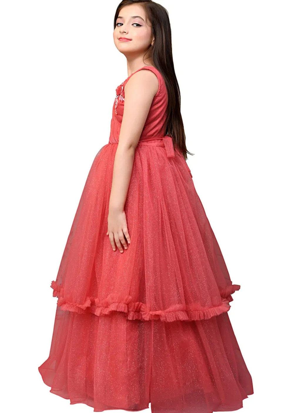 Embroidered Net Layered Gown in Coral Red