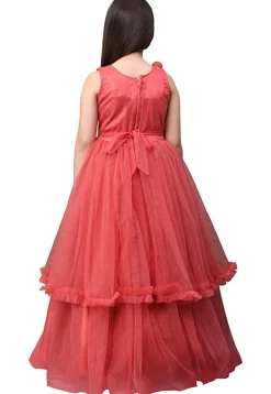Embroidered Net Layered Gown in Coral Red
