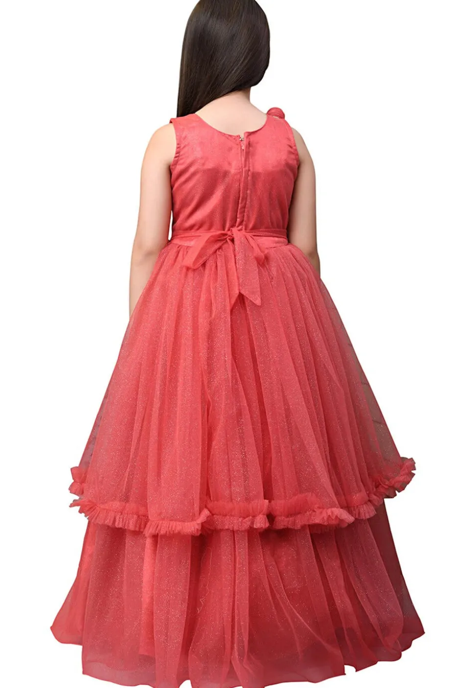 Embroidered Net Layered Gown in Coral Red