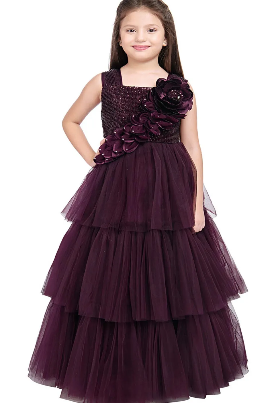 Embroidered Net Layered Gown in Wine