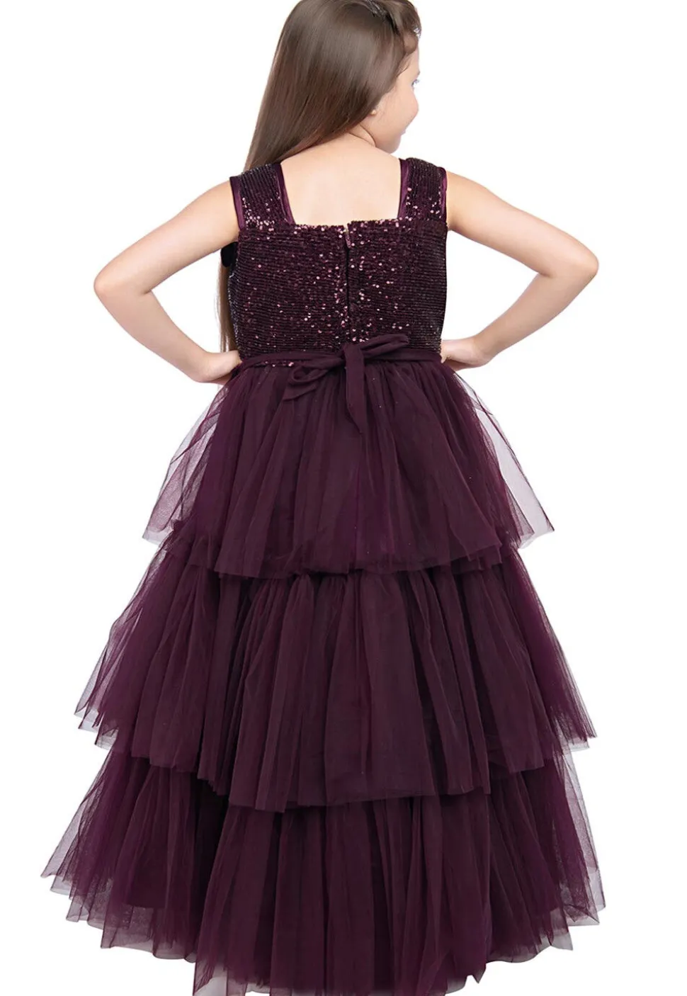 Embroidered Net Layered Gown in Wine