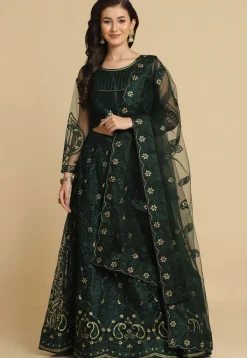 Embroidered Net Lehenga in Dark Green