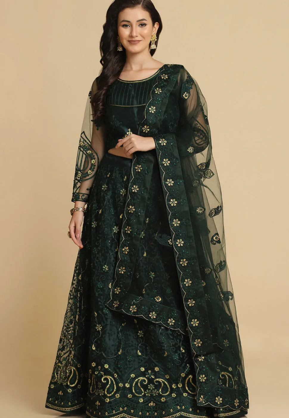 Embroidered Net Lehenga in Dark Green
