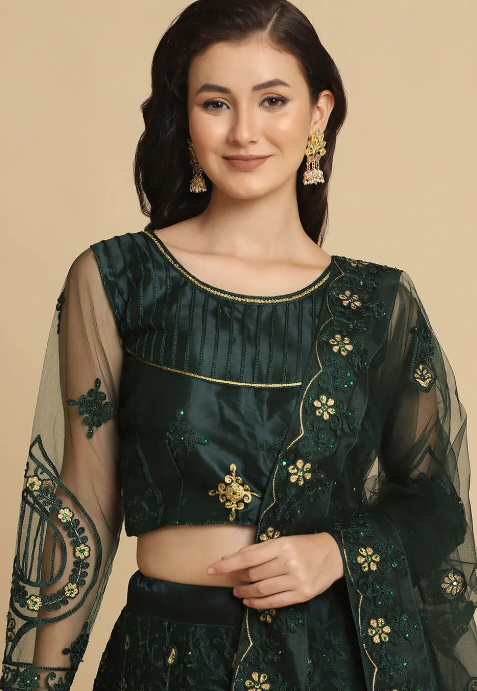 Embroidered Net Lehenga in Dark Green