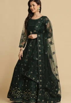 Embroidered Net Lehenga in Dark Green