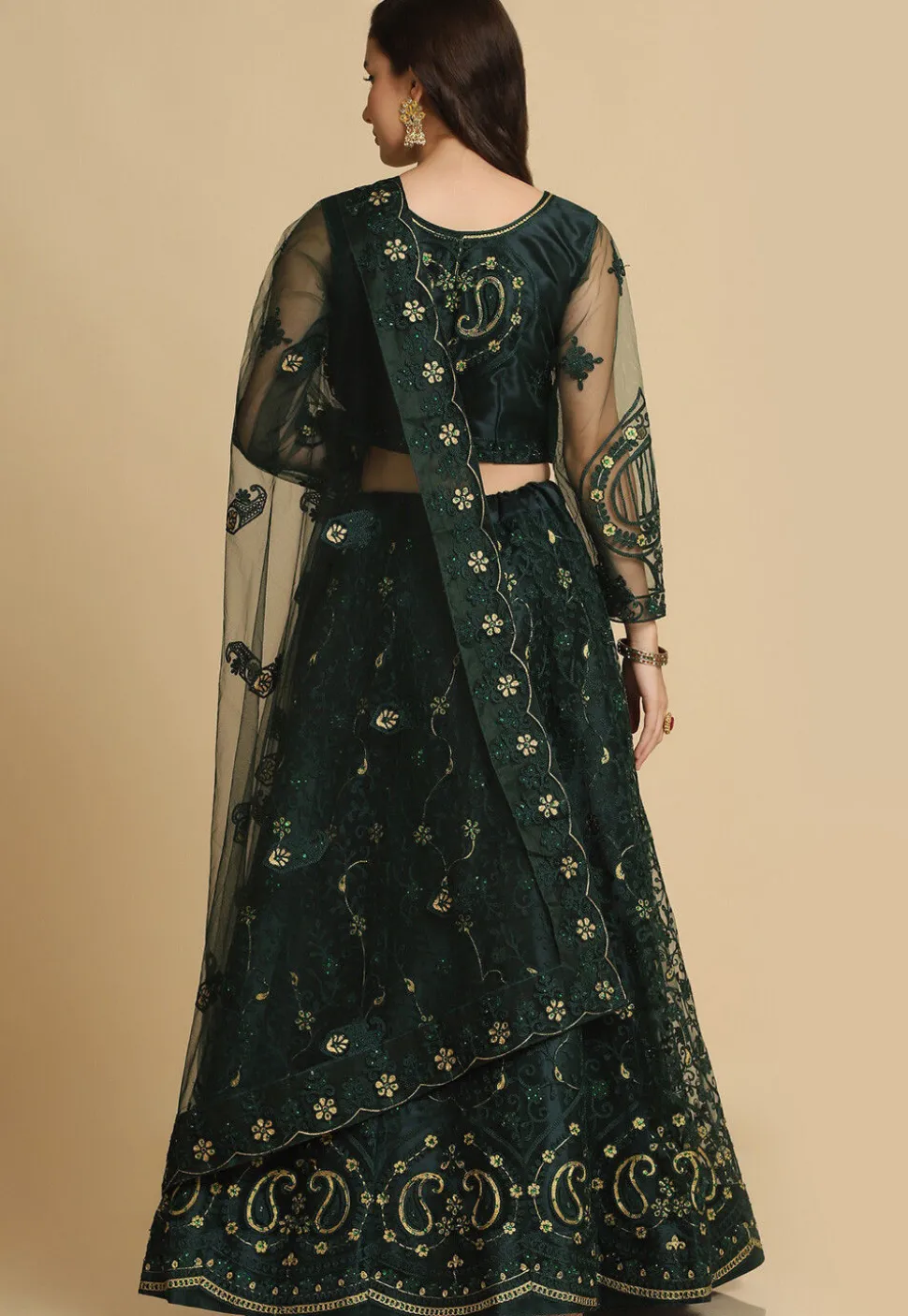 Embroidered Net Lehenga in Dark Green