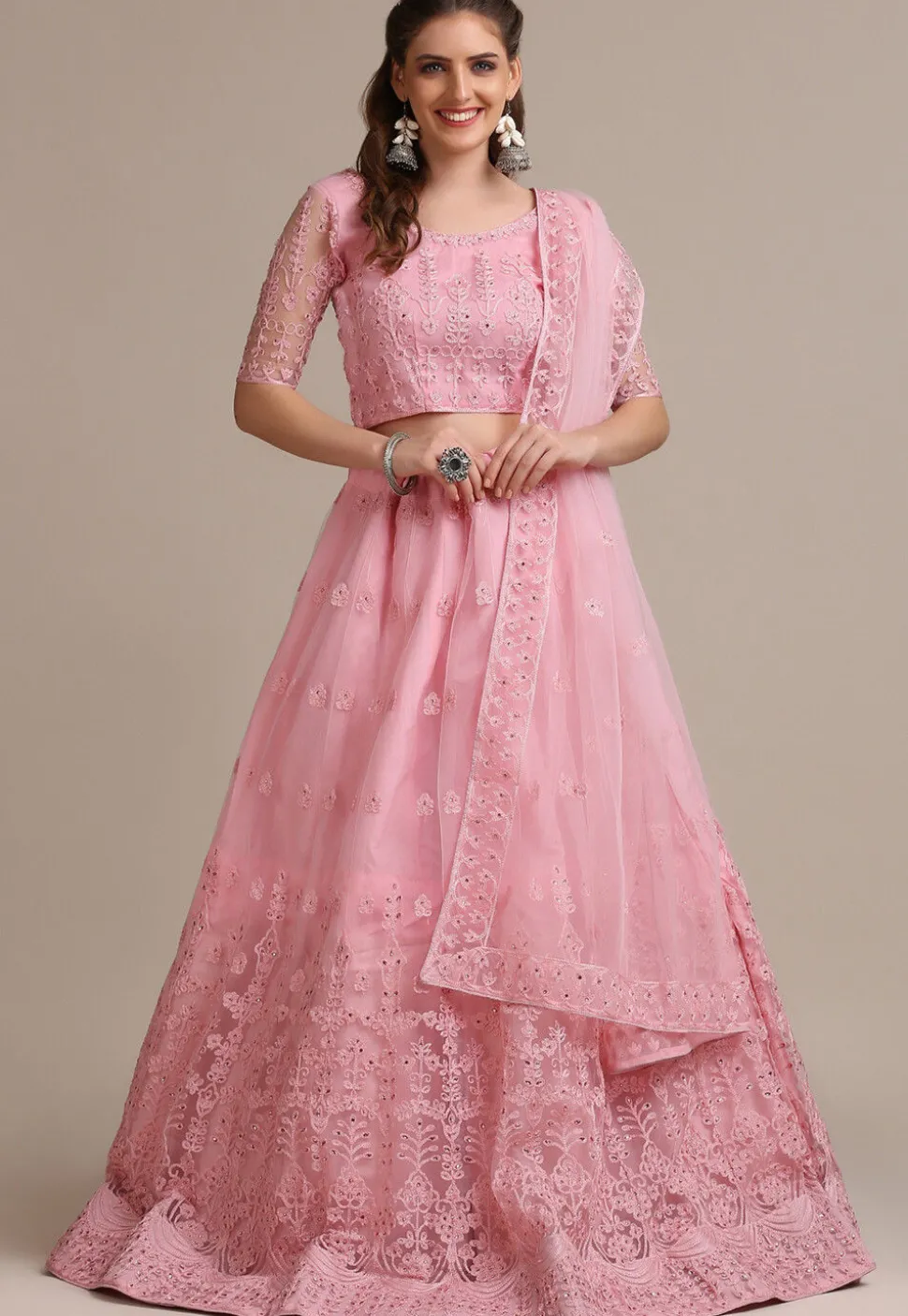 Embroidered Net Lehenga in Light Pink
