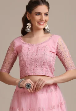 Embroidered Net Lehenga in Light Pink