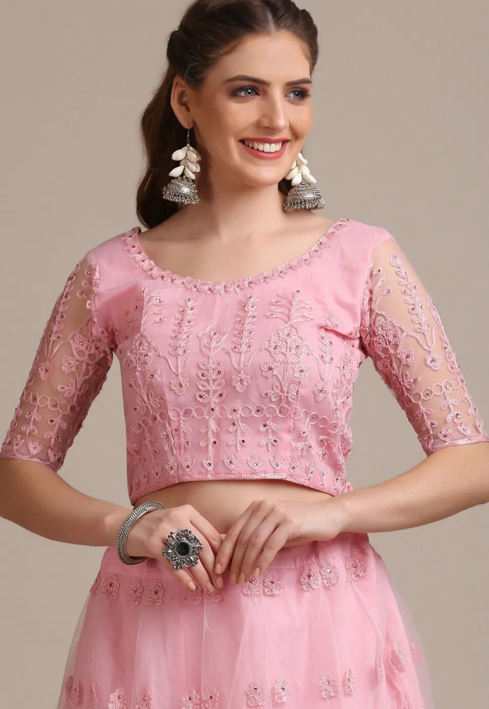 Embroidered Net Lehenga in Light Pink