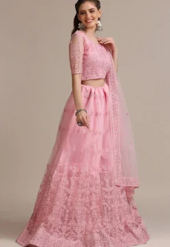 Embroidered Net Lehenga in Light Pink