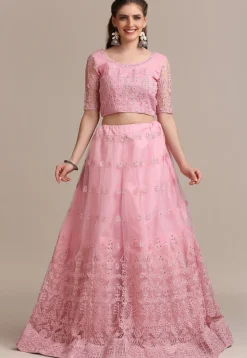 Embroidered Net Lehenga in Light Pink