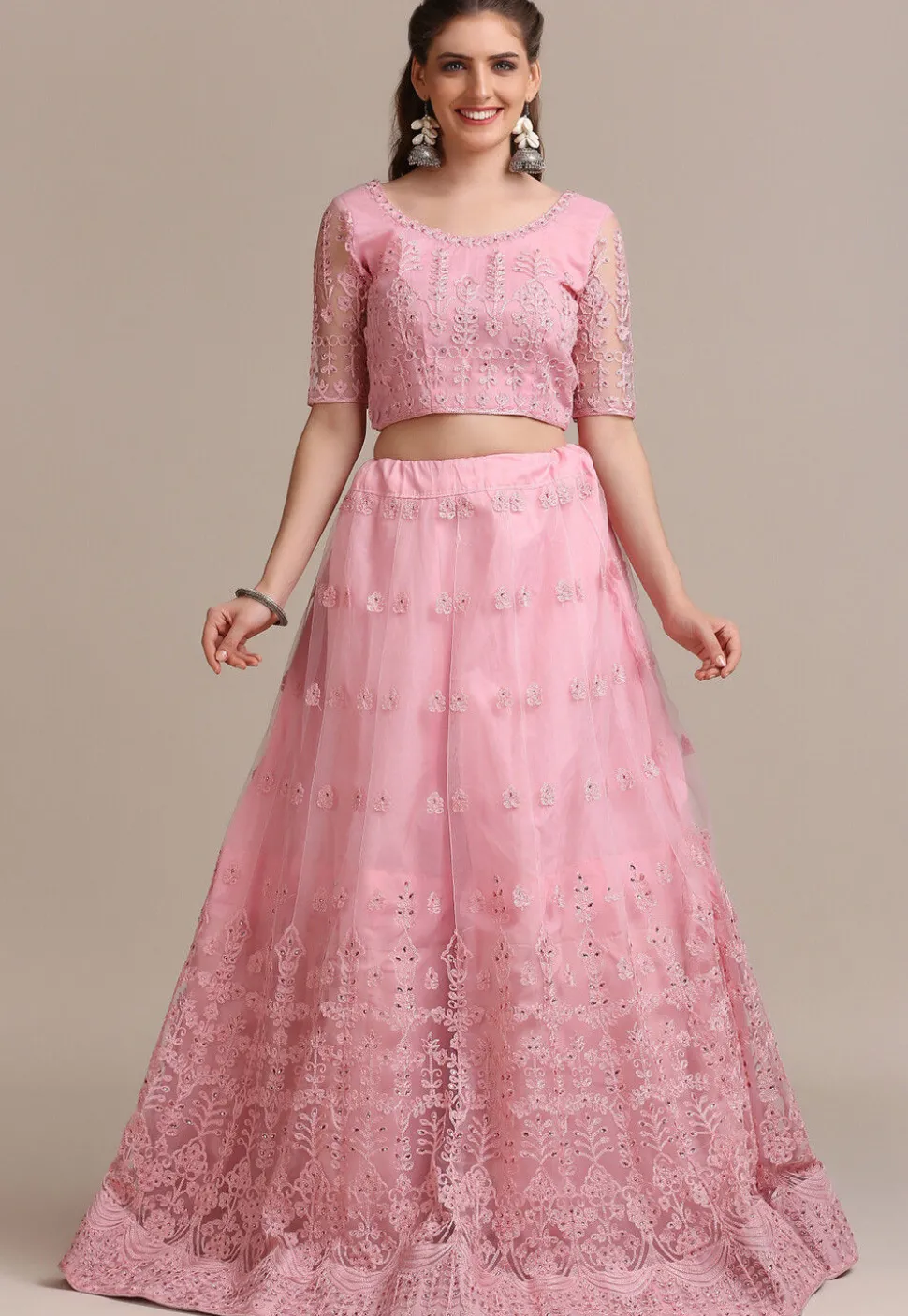 Embroidered Net Lehenga in Light Pink