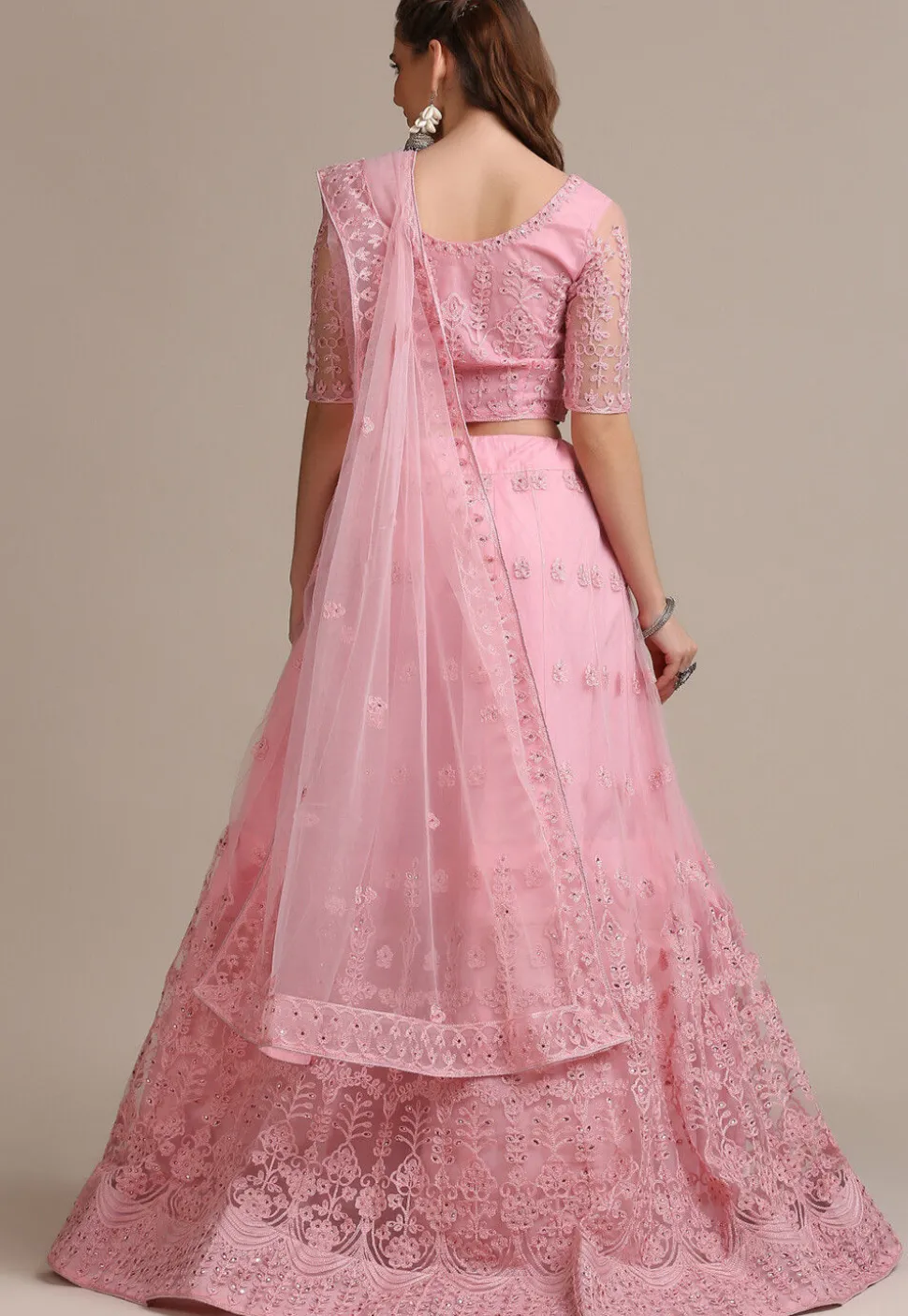 Embroidered Net Lehenga in Light Pink