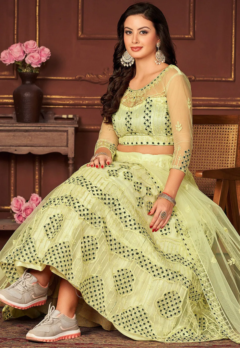 Embroidered Net Lehenga in Light Green