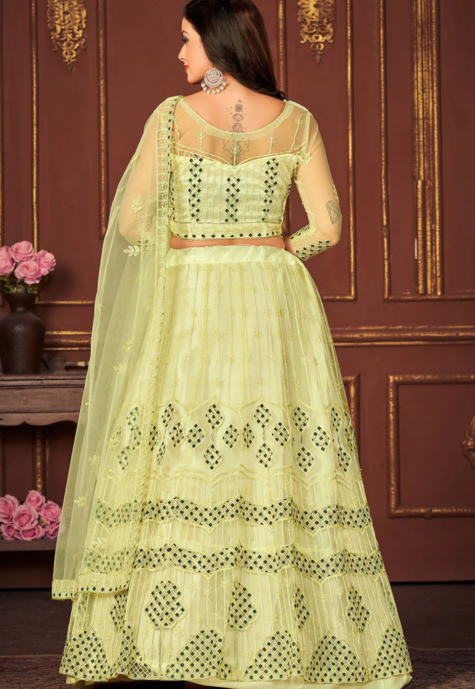 Embroidered Net Lehenga in Light Green