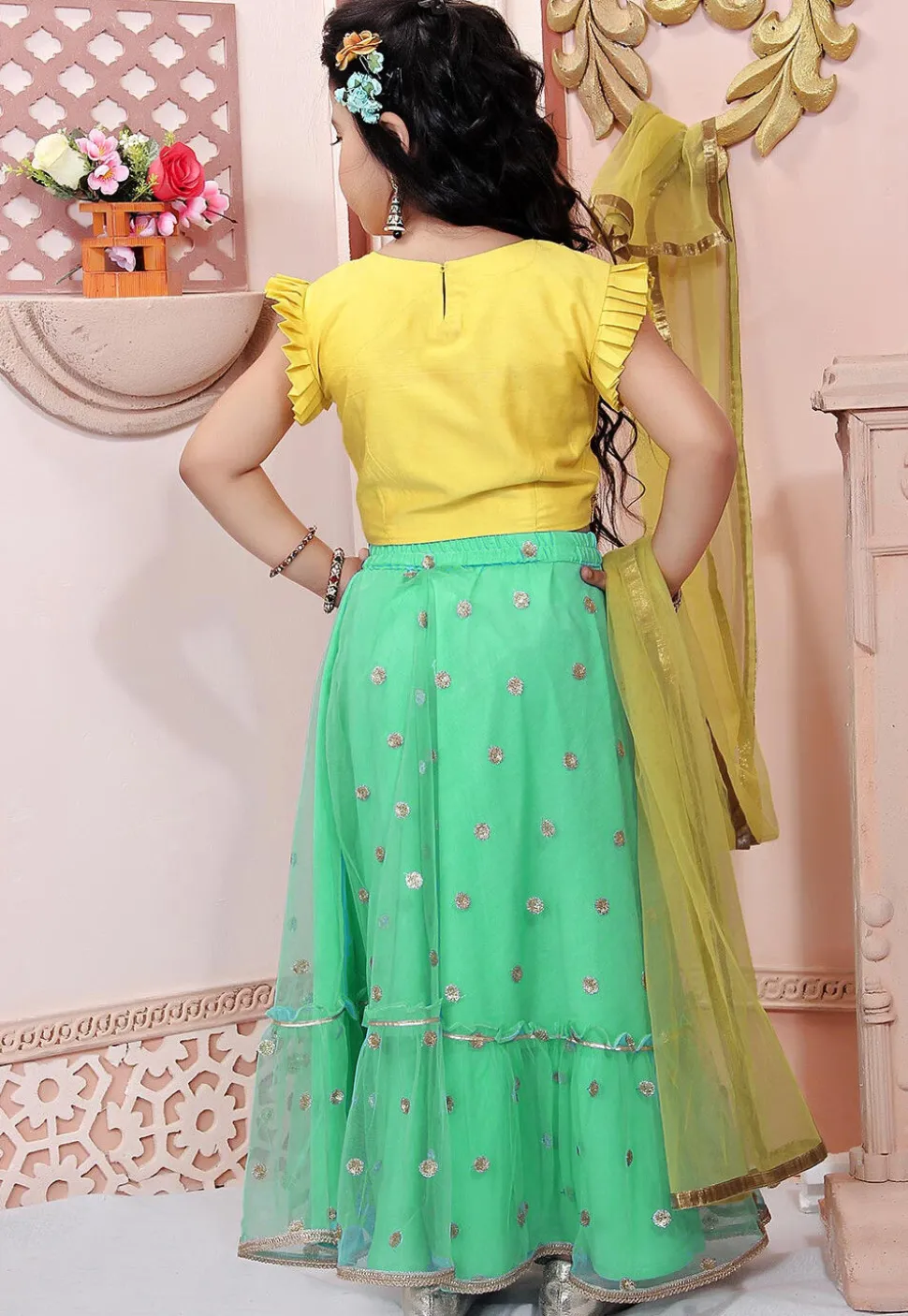 Embroidered Net Lehenga in Teal Green