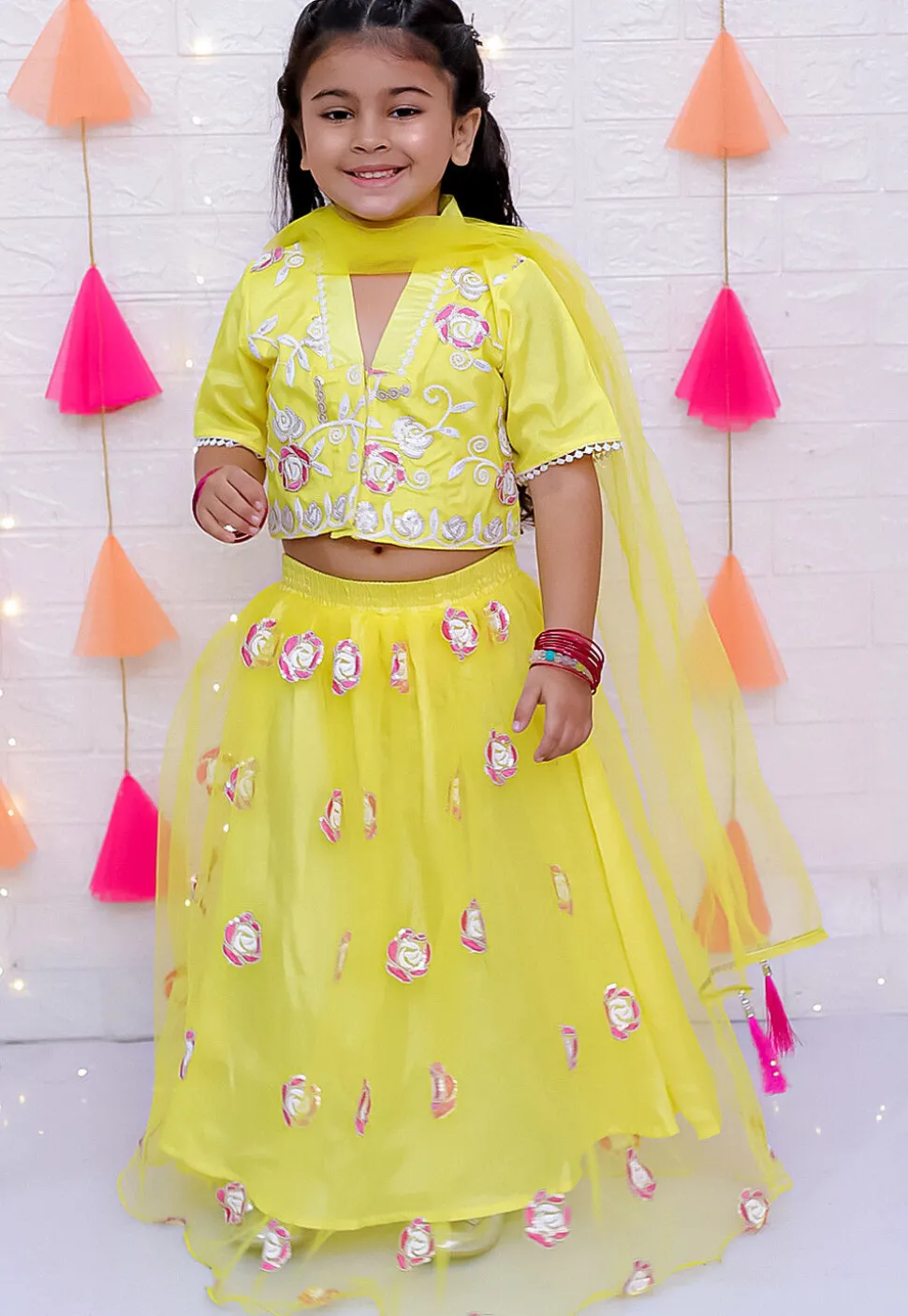 Embroidered Net Lehenga in Yellow