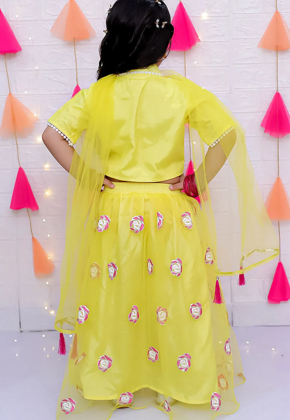 Embroidered Net Lehenga in Yellow