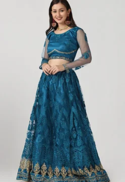 Embroidered Net Lehenga in Teal Blue