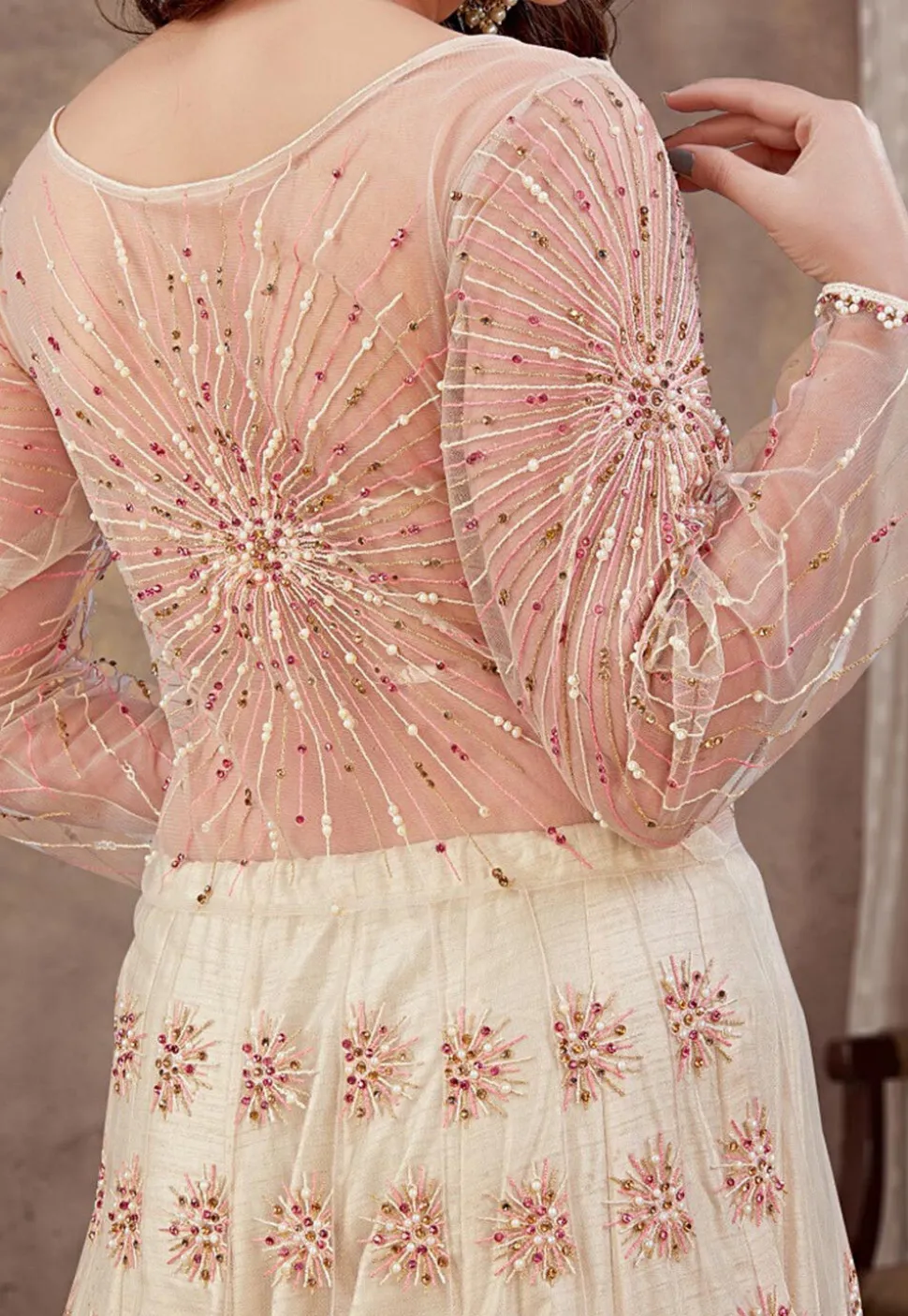 Embroidered Net Lehenga in Cream
