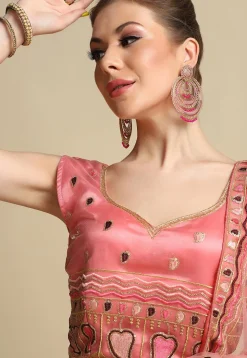 Embroidered Net Lehenga in Peach