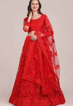 Embroidered Net Lehenga in Red