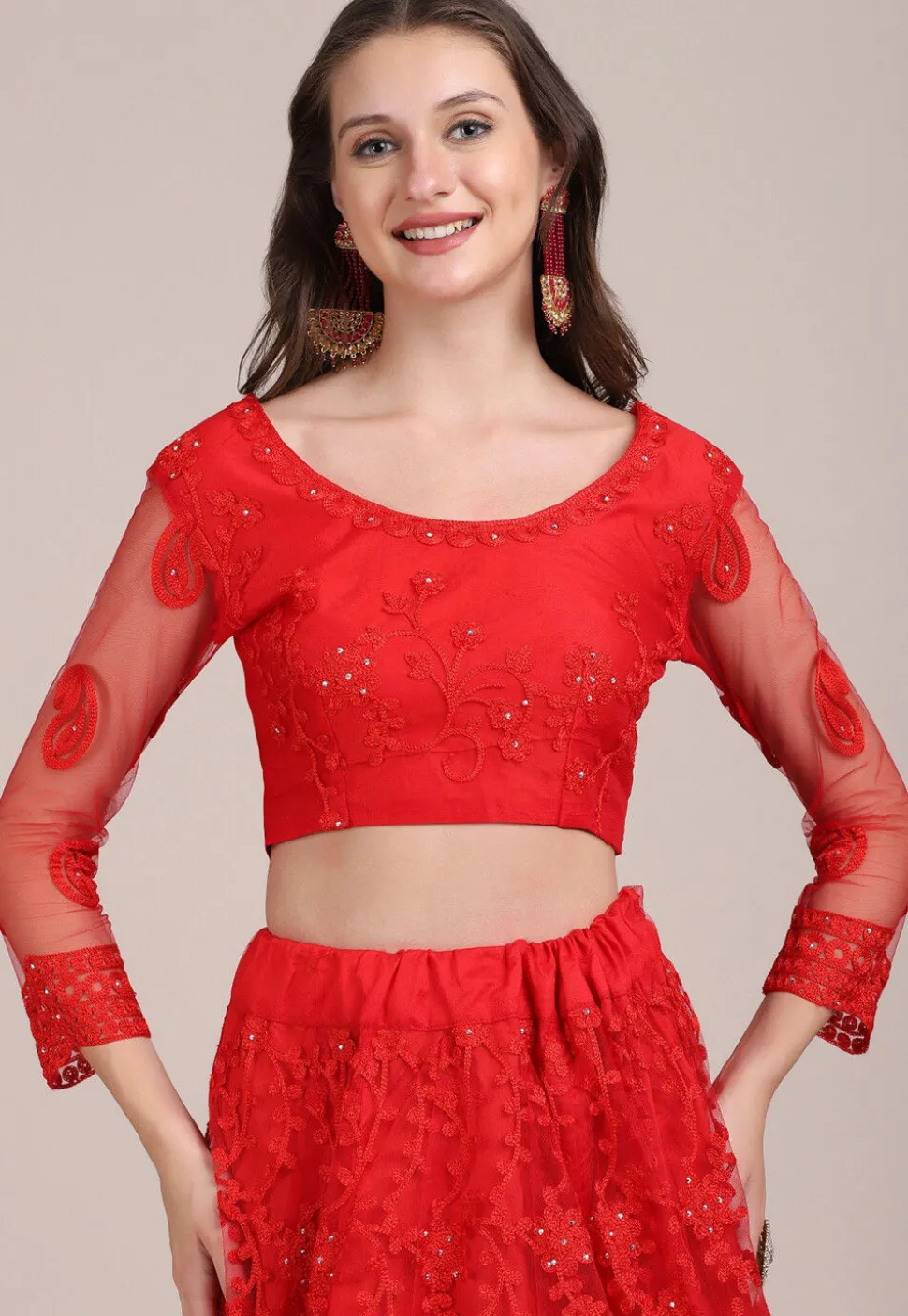 Embroidered Net Lehenga in Red