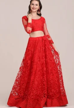 Embroidered Net Lehenga in Red