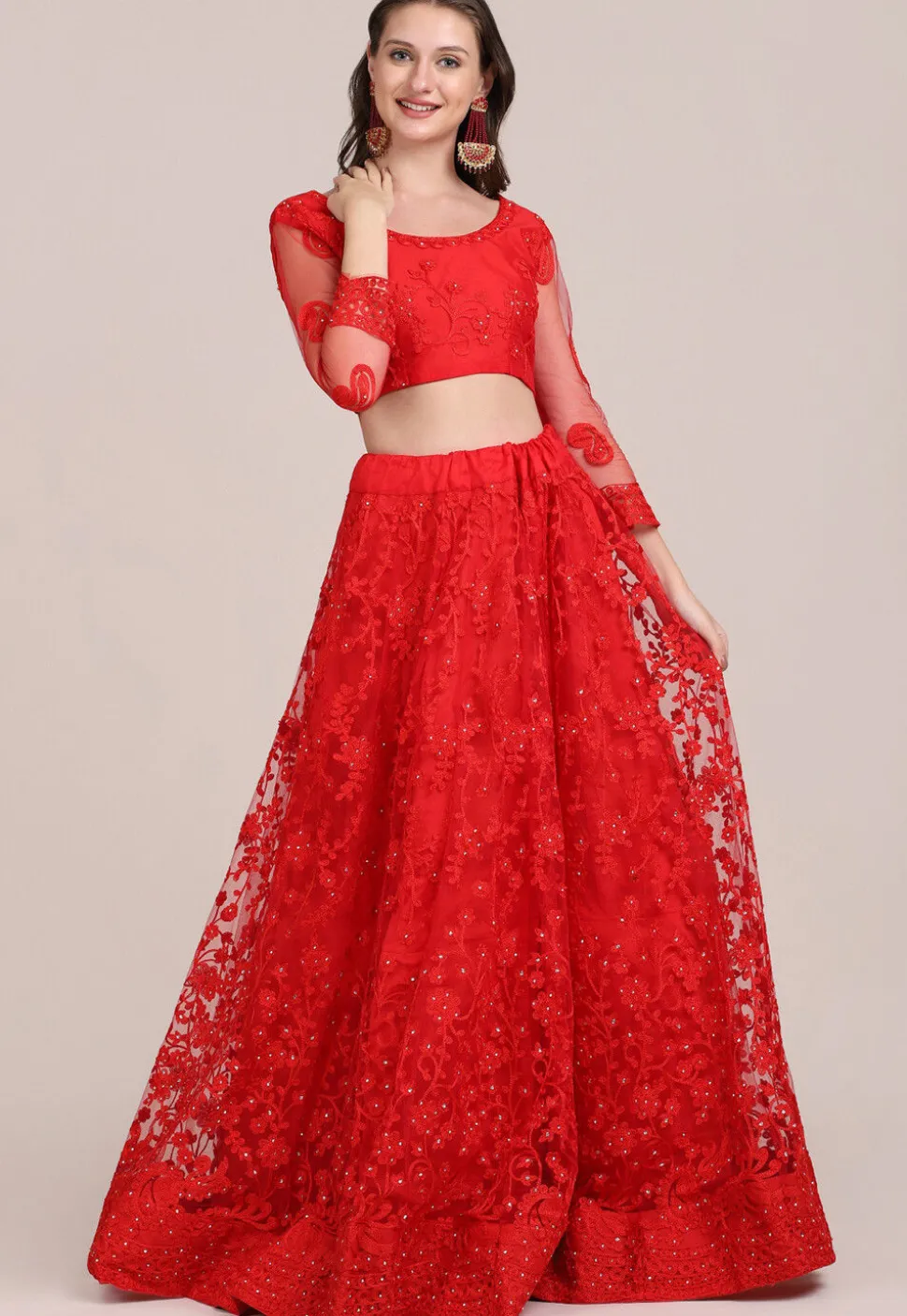 Embroidered Net Lehenga in Red