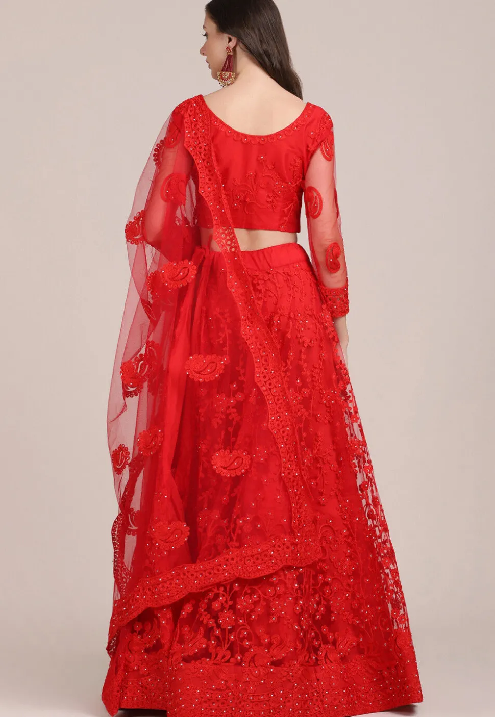 Embroidered Net Lehenga in Red