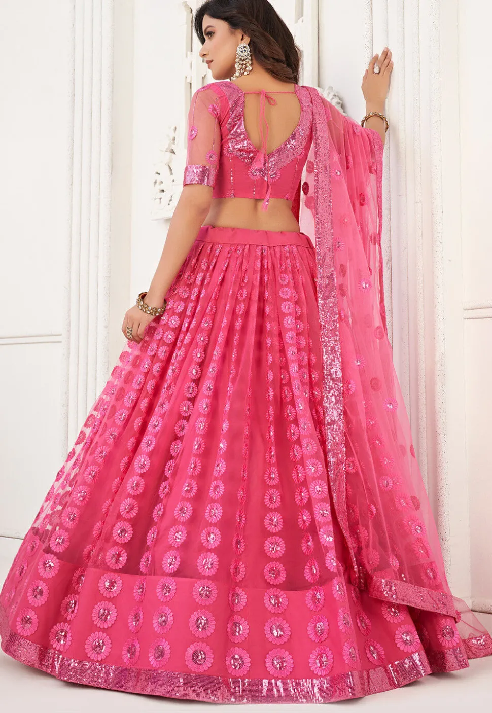 Embroidered Net Lehenga in Pink