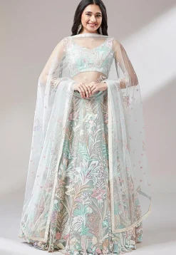 Embroidered Net Lehenga in Sea Green