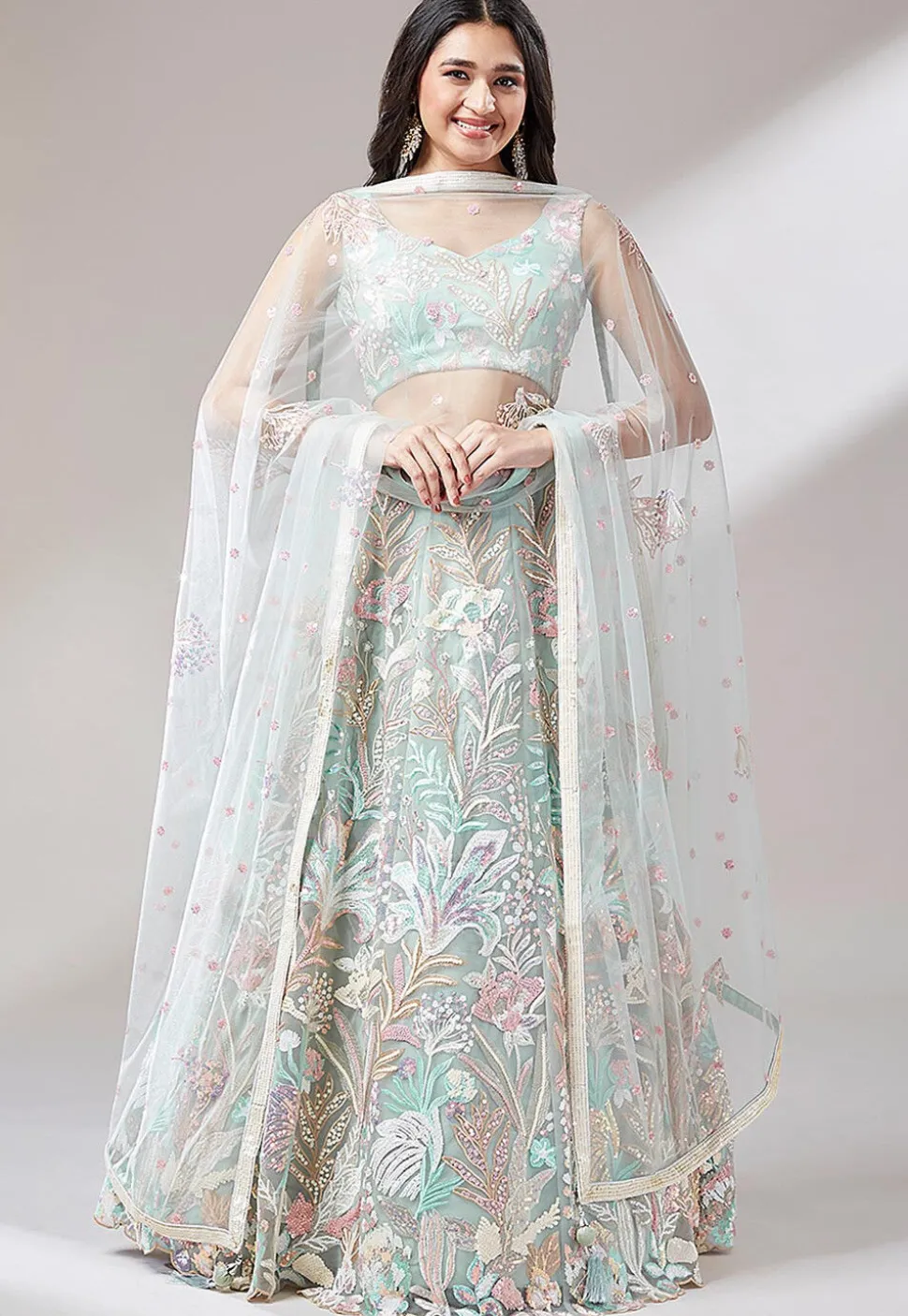 Embroidered Net Lehenga in Sea Green