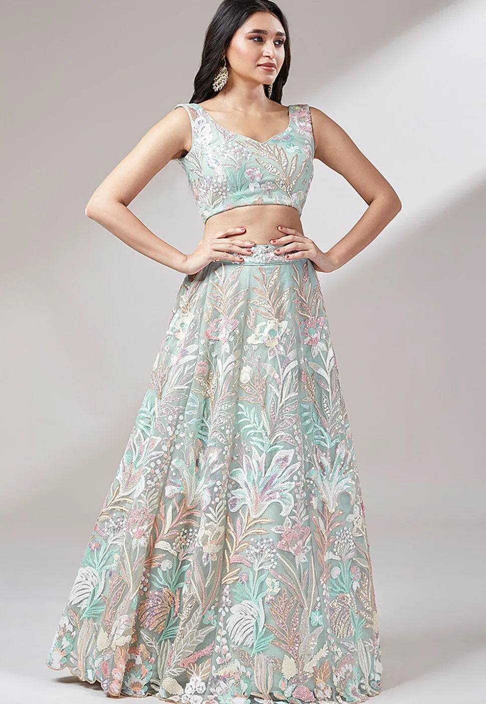 Embroidered Net Lehenga in Sea Green