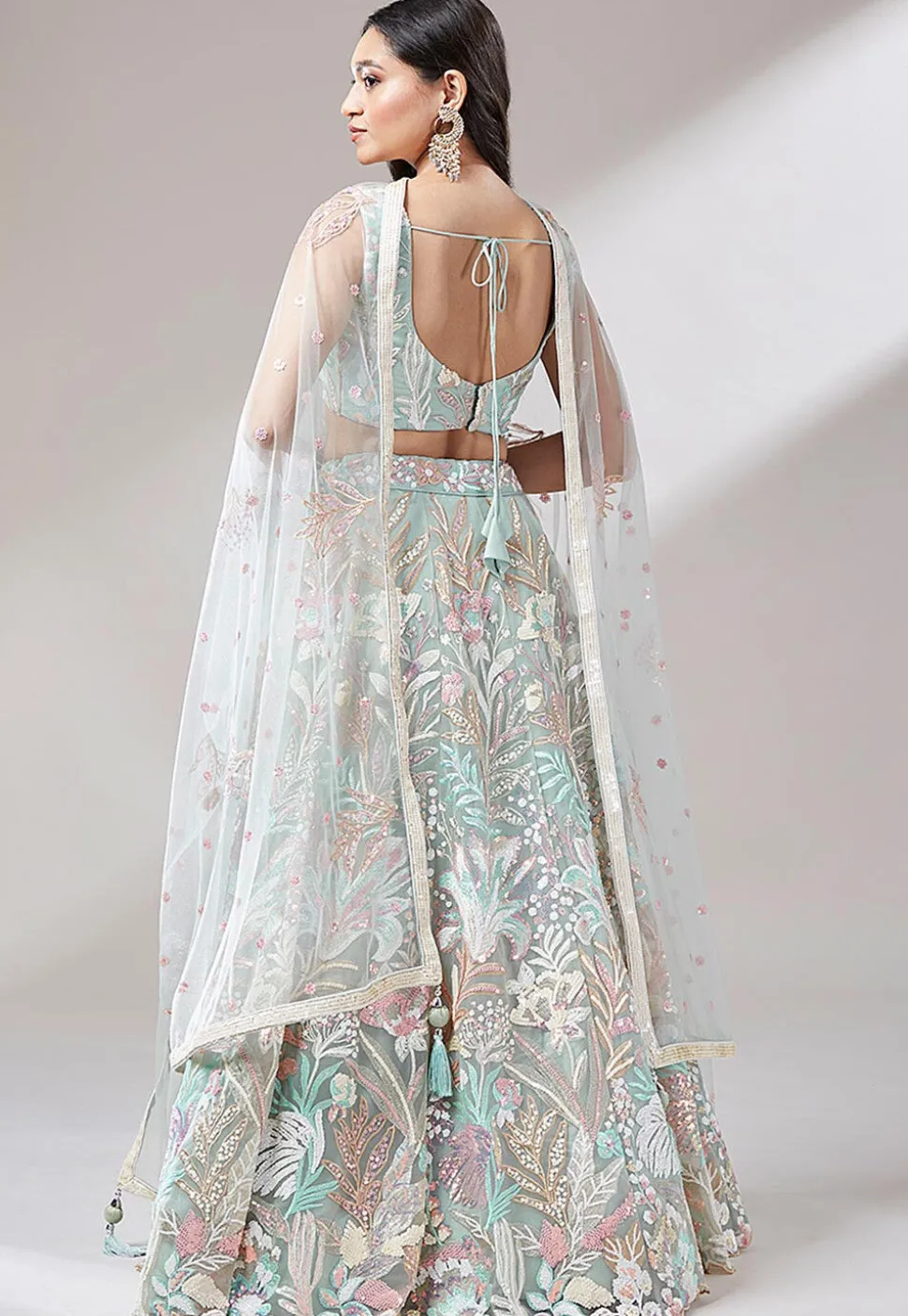 Embroidered Net Lehenga in Sea Green