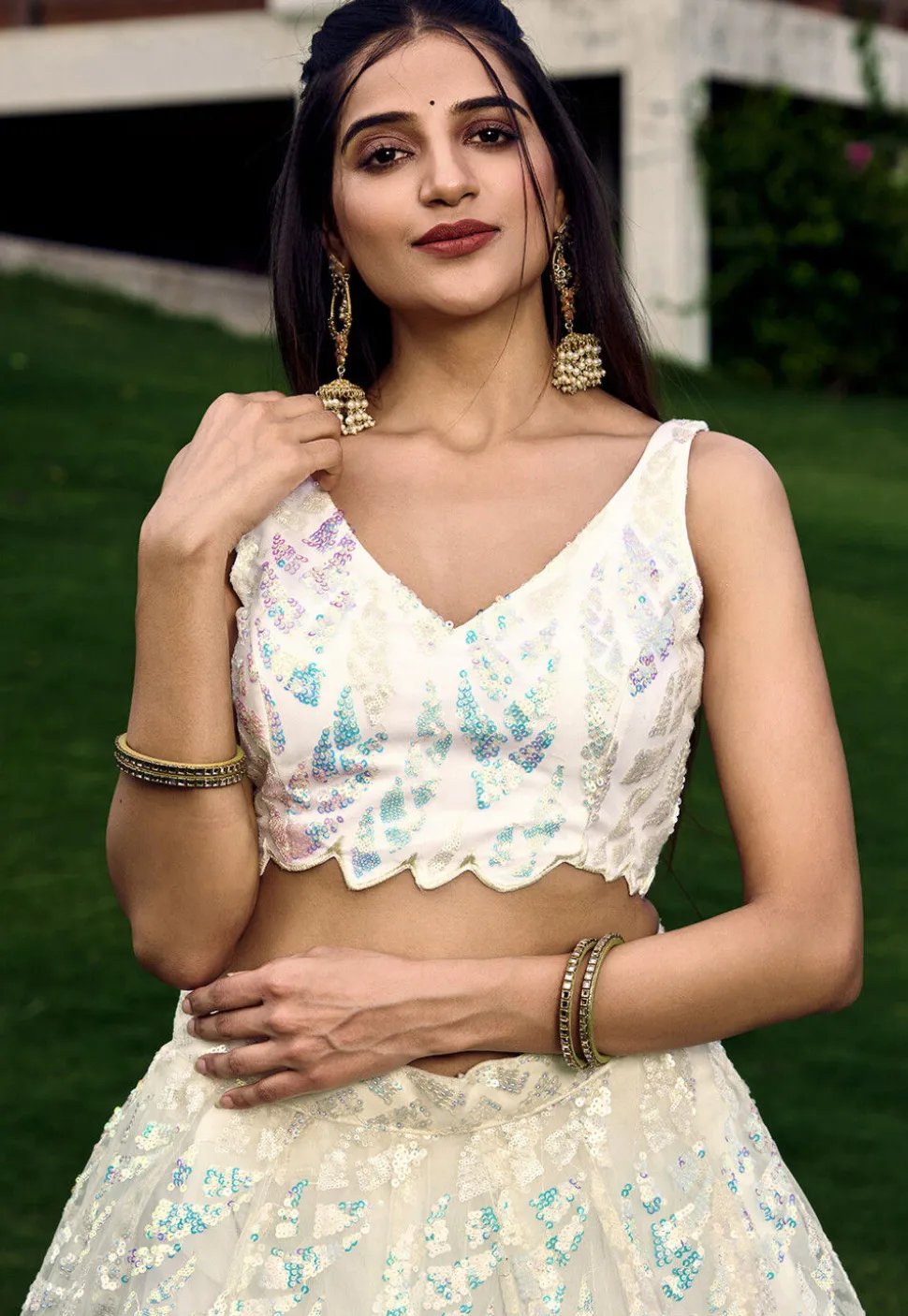 Embroidered Net Lehenga in Off White