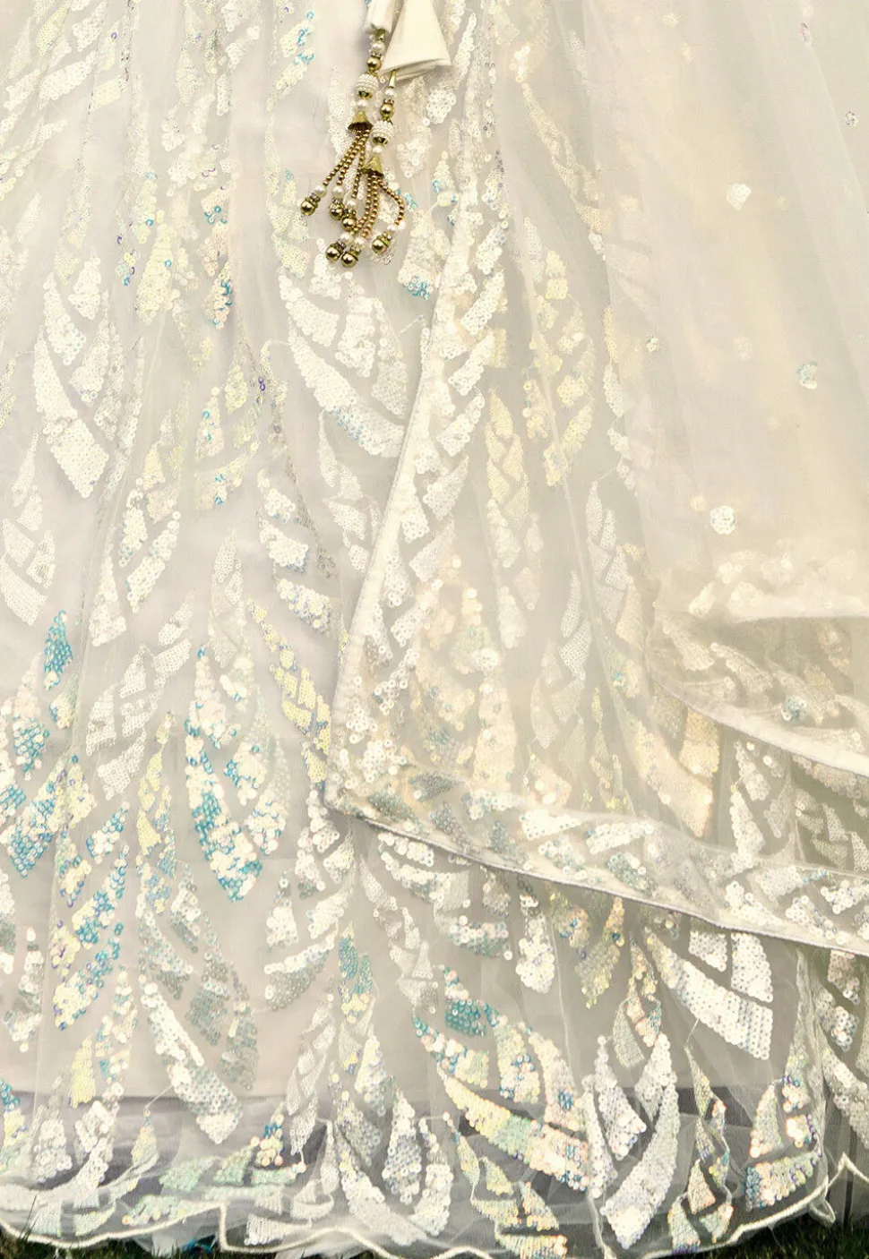 Embroidered Net Lehenga in Off White