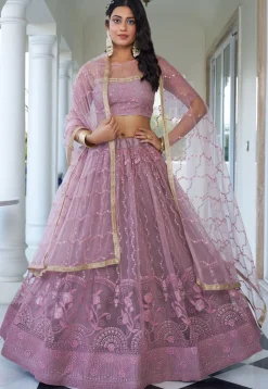 Embroidered Net Lehenga in Light Purple