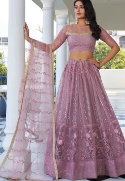 Embroidered Net Lehenga in Light Purple