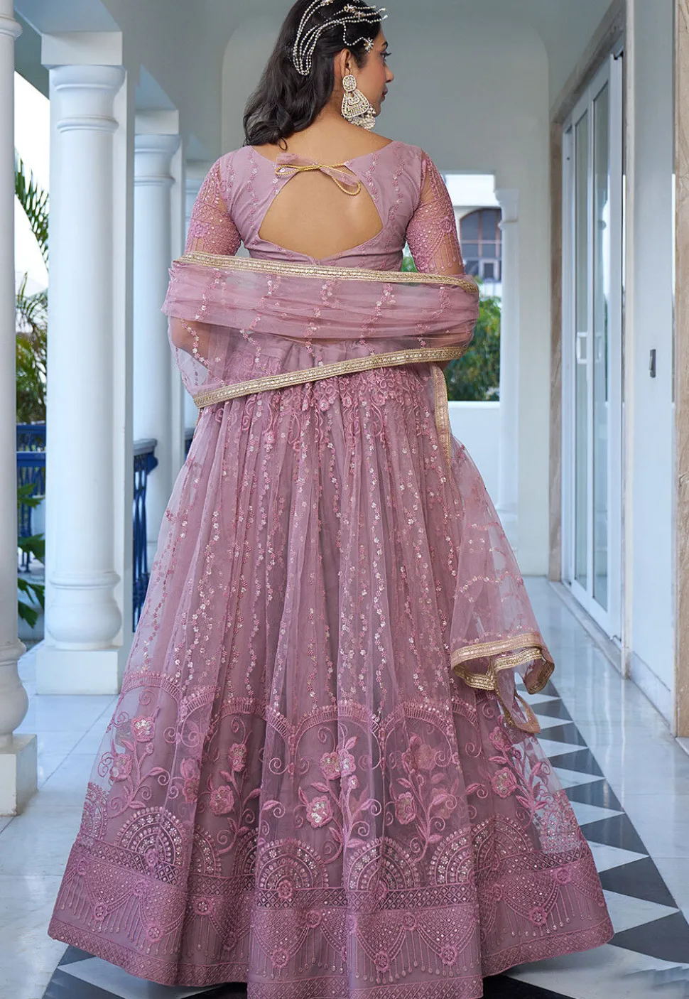 Embroidered Net Lehenga in Light Purple