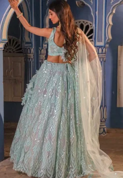 Embroidered Net Lehenga in Pastel Blue