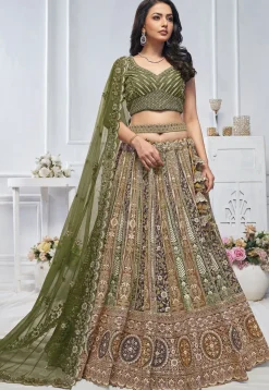 Embroidered Net Lehenga in Mustard and Green