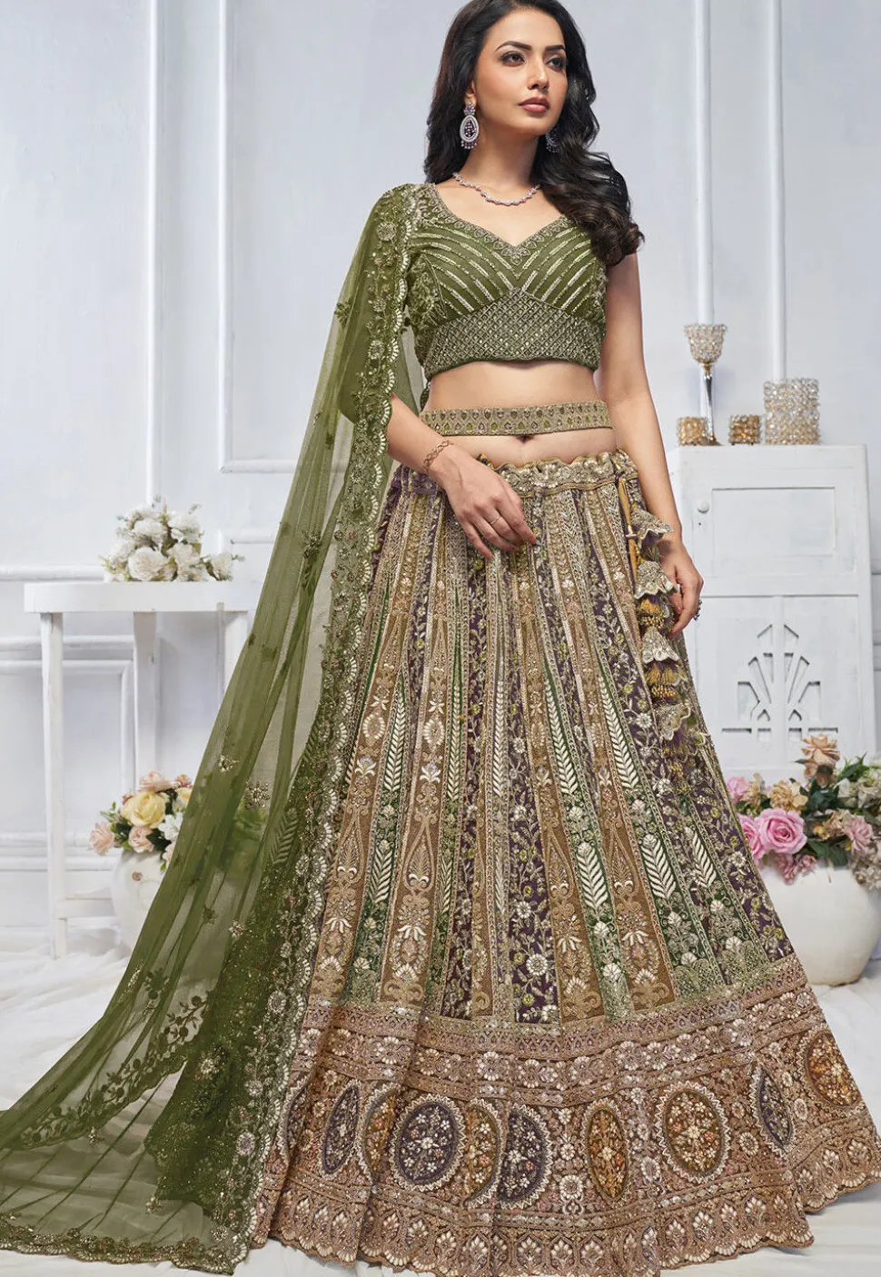 Embroidered Net Lehenga in Mustard and Green