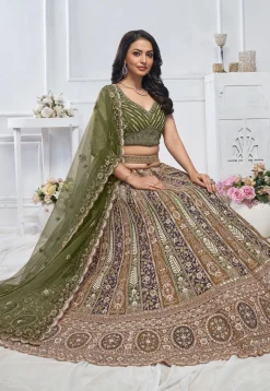 Embroidered Net Lehenga in Mustard and Green