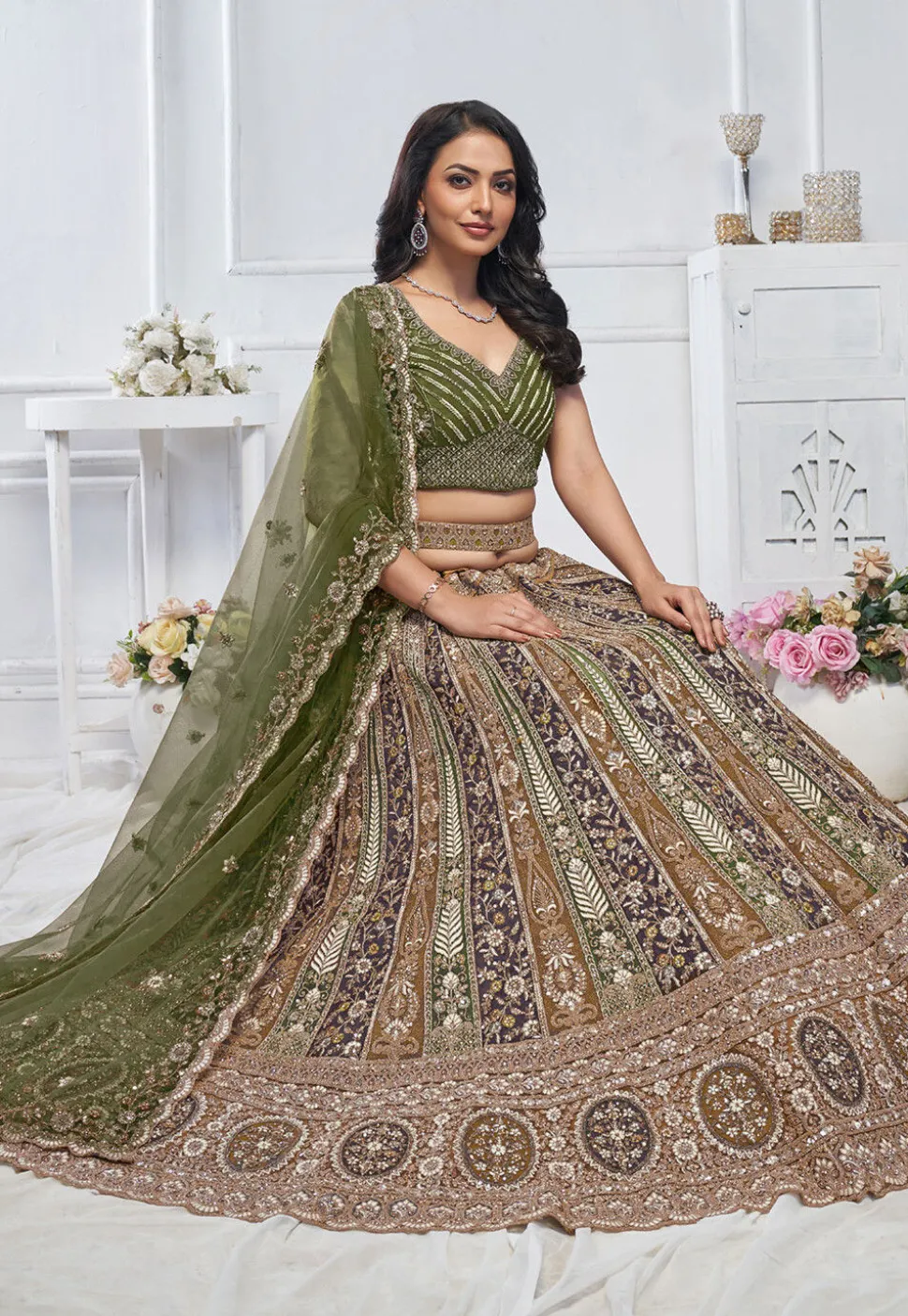 Embroidered Net Lehenga in Mustard and Green