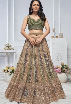 Embroidered Net Lehenga in Mustard and Green
