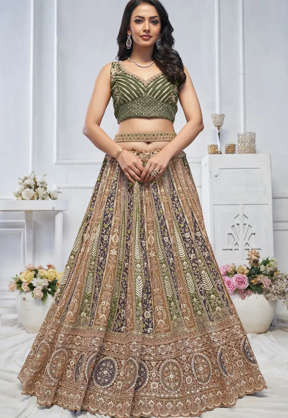 Embroidered Net Lehenga in Mustard and Green