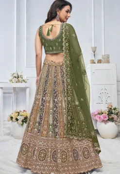 Embroidered Net Lehenga in Mustard and Green