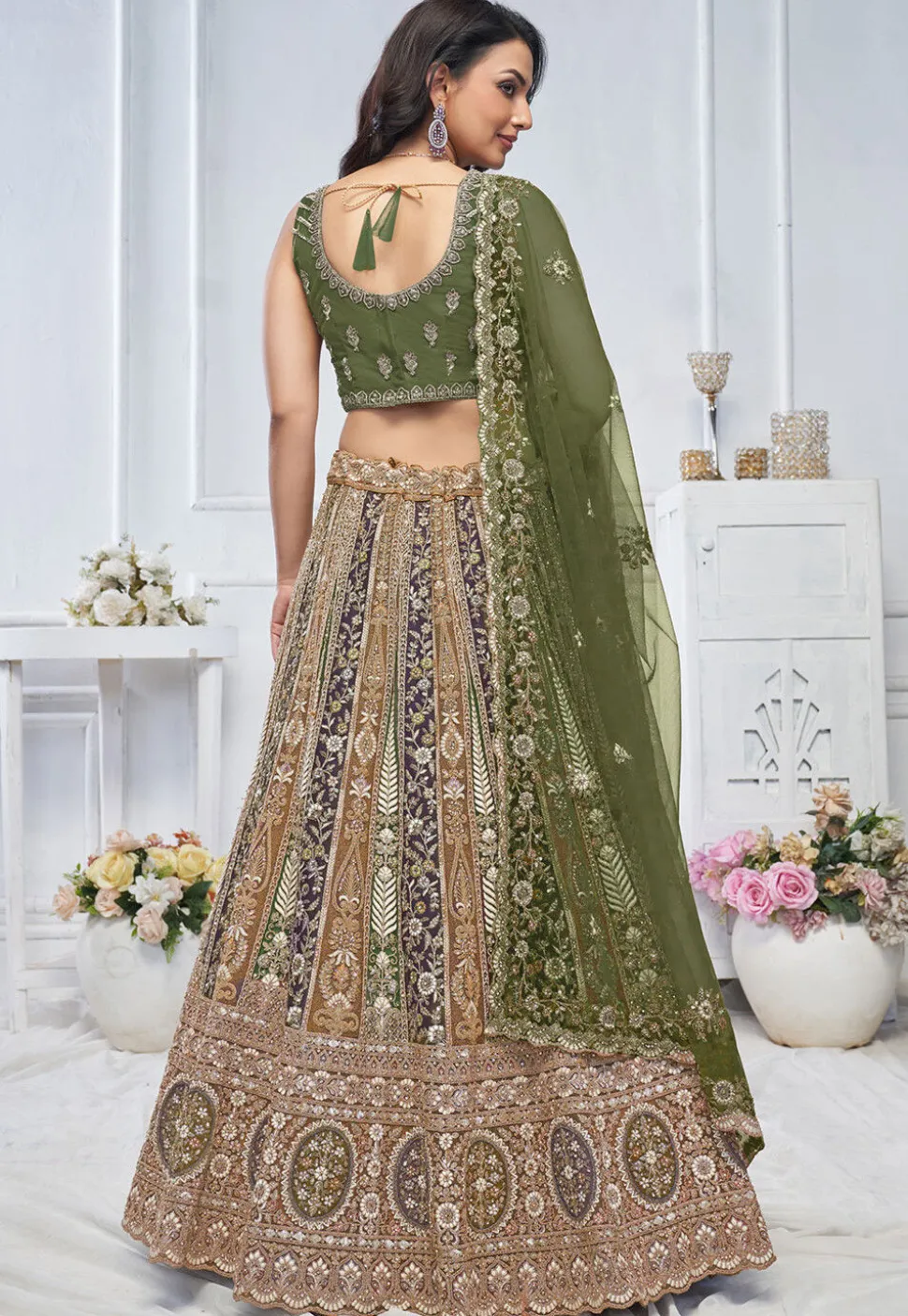 Embroidered Net Lehenga in Mustard and Green